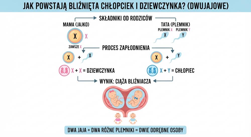 Schemat pokazujący, jak powstają bliźnięta chłopiec i dziewczynka z dwóch komórek jajowych i dwóch plemników.